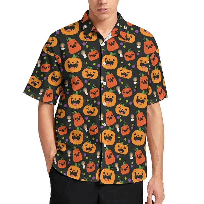 Funny Pumpkin Candy Graphic Blouses Fashion Halloween Gift 3D Printed Beach Shirts Streetwear Boy Short Sleeve Button Male Tops