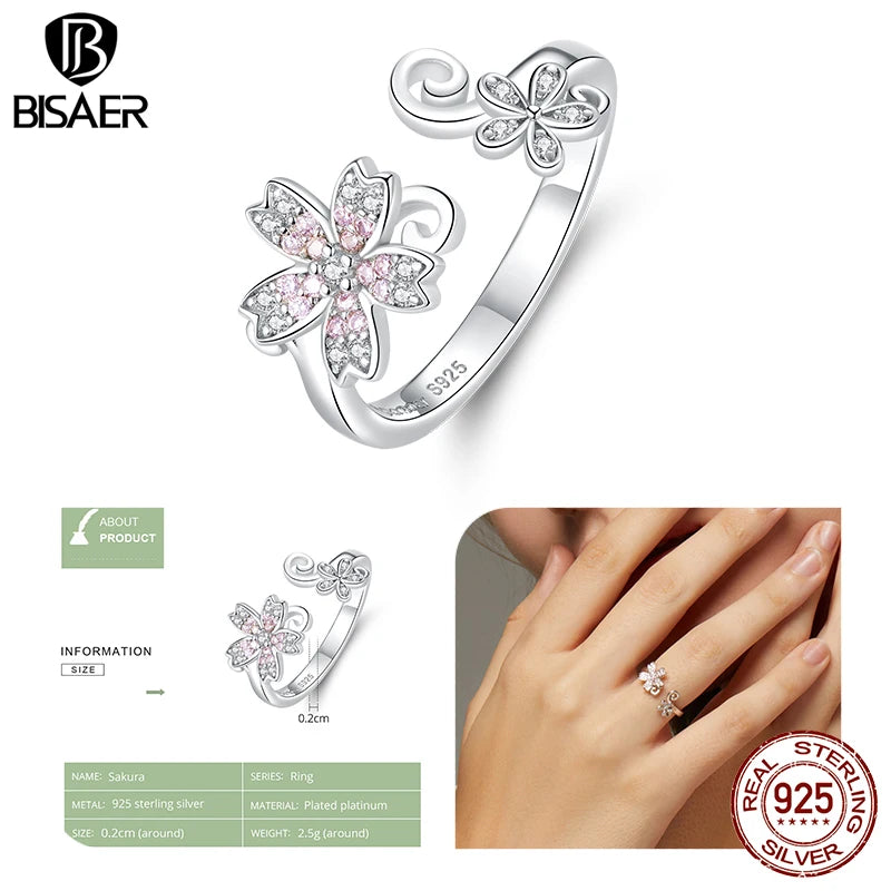 BISAER Anillo abierto con diseño de pájaro y flores en plata de ley 925, ajustable, tamaño 5-9, chapado en oro blanco para mujer, joyería fina para fiestas