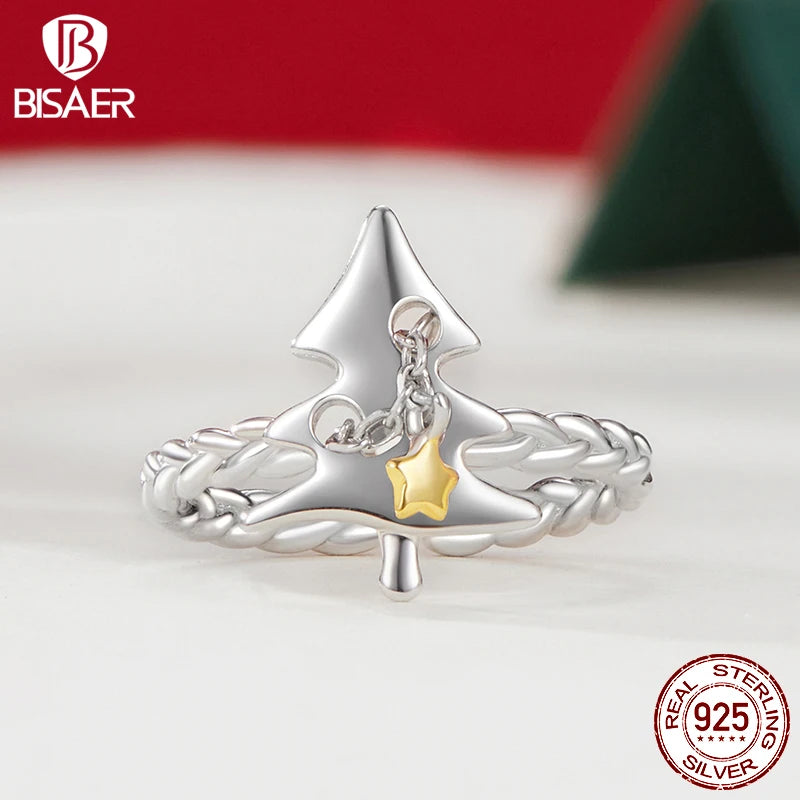 Bague ouverte en argent sterling 925 BISAER en forme d'arbre de Noël avec bande réglable bicolore plaquée or blanc pour femme, bijoux fins de fête