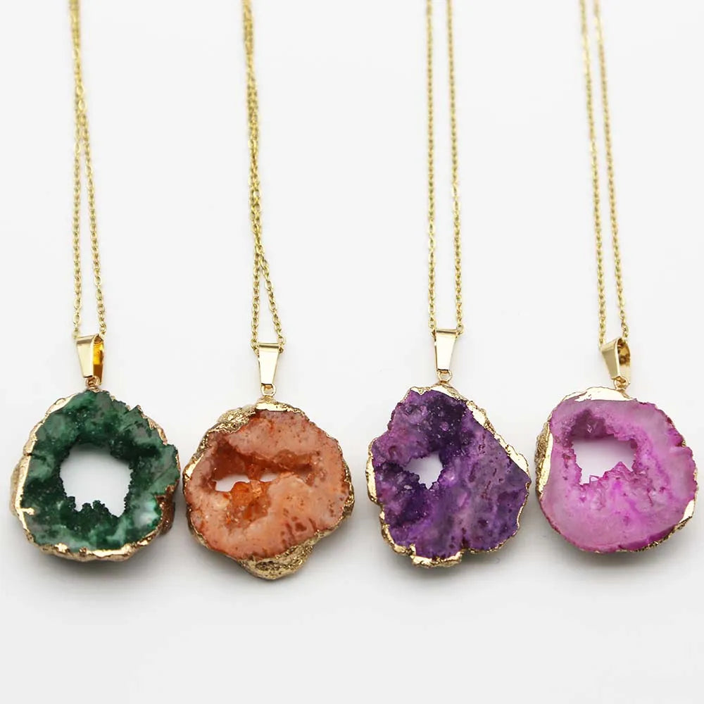 New Natural Agates Irregular Raw Stone Slice Necklaces Pendants Crystal Plating Phnom Penh charms DIY Jewelry Accessories Making