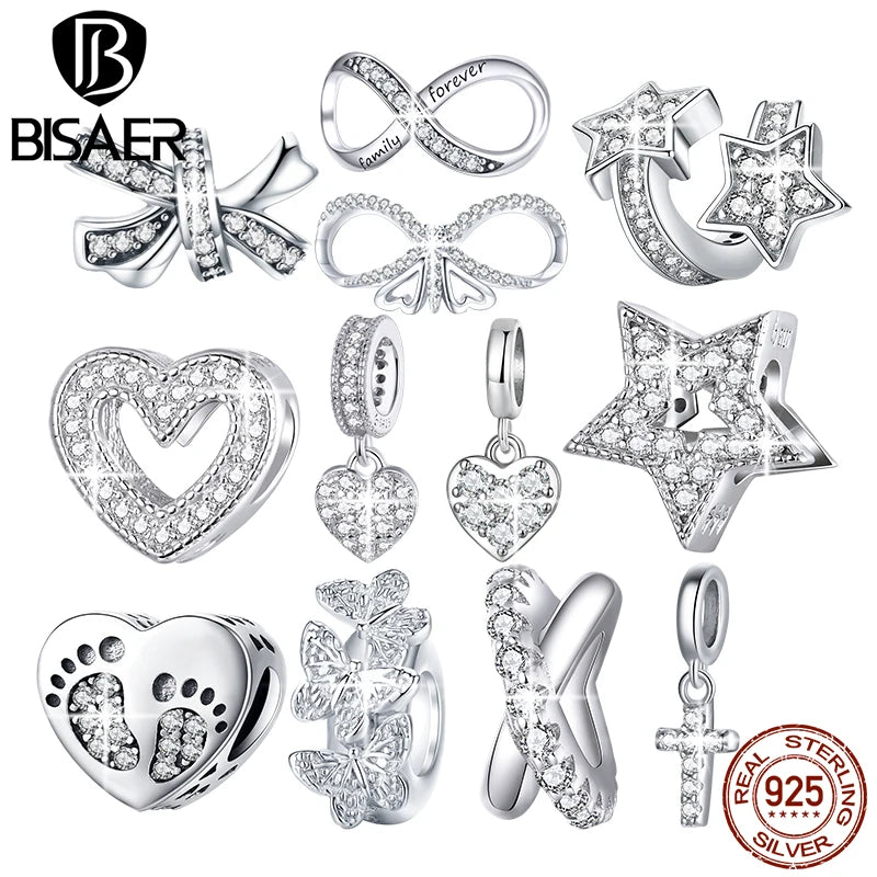 BISAER 925 Sterling Silver Charm Clear AAAAA Zircon Family Heart Cross Safety Chain Beads Fit Bracelet Necklace DIY Fine Jewelry