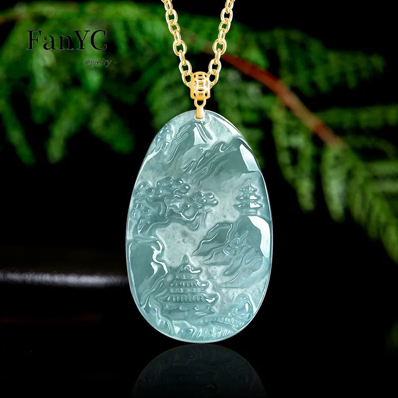 Natural Jadeite Blue Water Small Landscape Pendant 18K Gold Clasp Set Delicate Fashion Ice Jade Necklace High-grade Ladies Gift