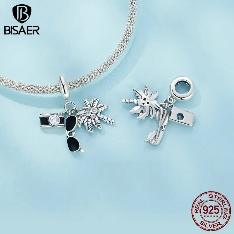 BISAER 925 Sterling Silver Baby Bottle Set Charm Bead Comb Cutlery Cute Pet Kit Holiday Pendant Fit Women DIY Bracelet Jewelry