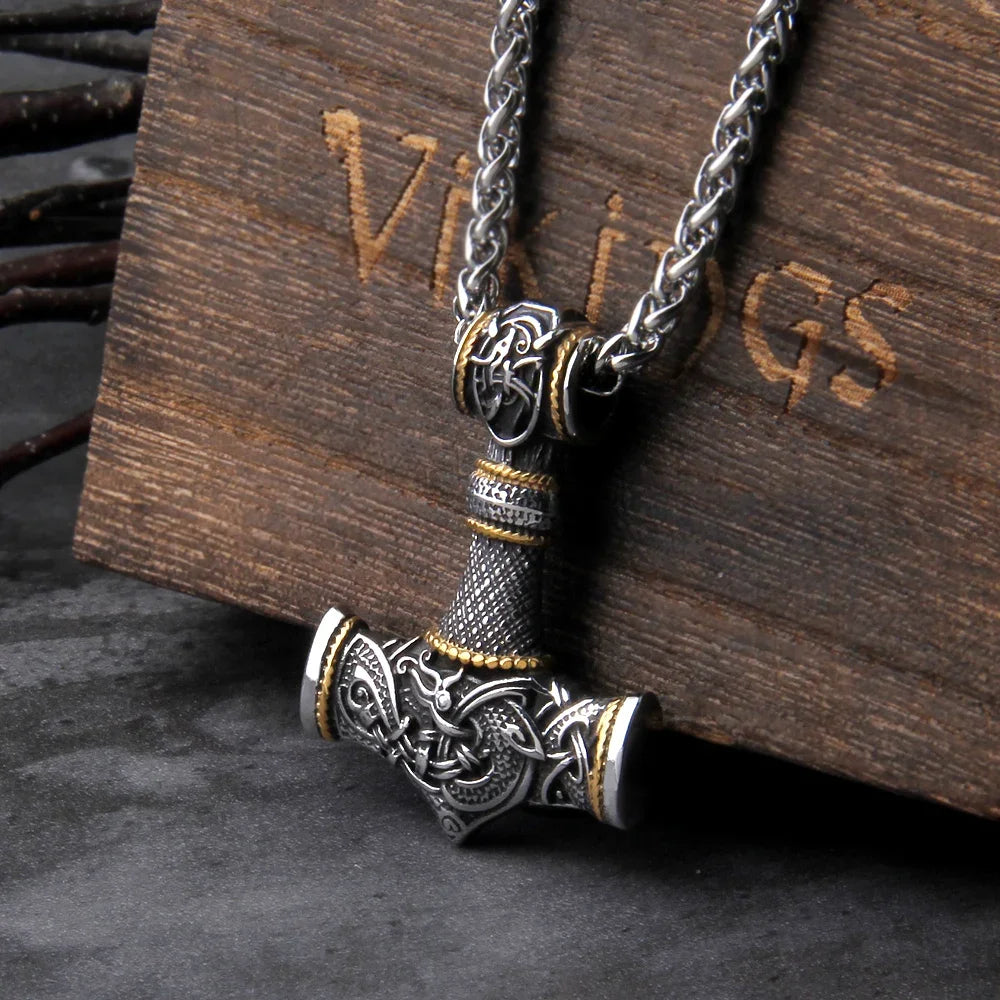 Fashion Valknut Viking Thor's Hammer Pendant Necklace With keel Chain As Men Gift with wooden box