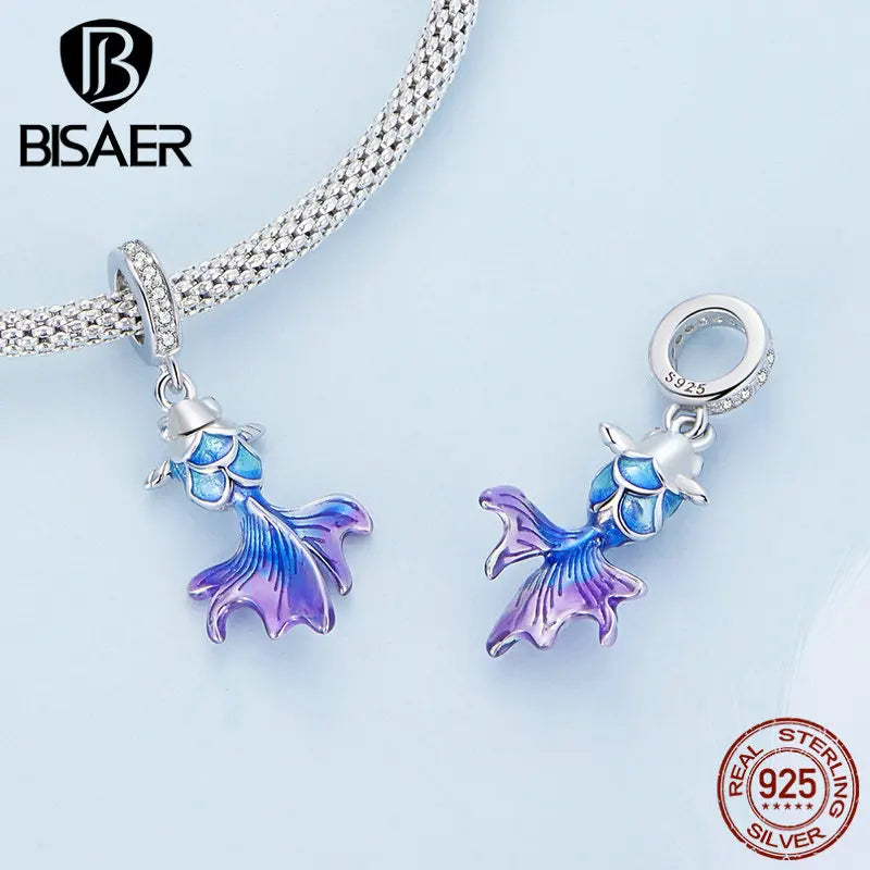 BISAER 925 Sterling Silver Dragon Scale Charm Colorful Gradient Carp Devil Flower Fish Cat Pendant Fit Bracelet DIY Fine Jewelry