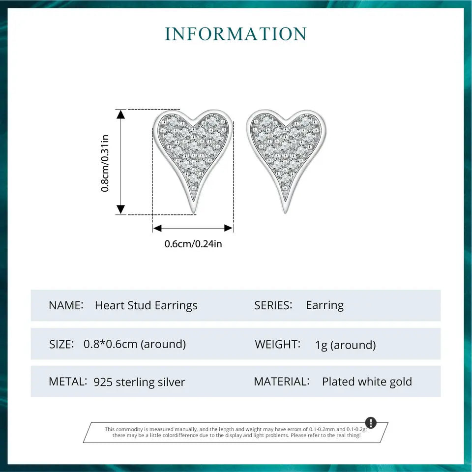 BISAER 925 Sterling Silver Shining Heart Stud Earrings Pavé Setting Zircon Plated White Gold Fine Jewelry For Woman Party Gift