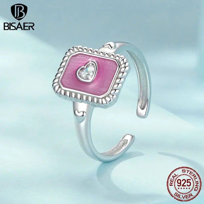 BISAER 925 Sterling Silver Vintage Heart Open Ring Pink Square Band Adjustable Plated White Gold for Women Party Fine Jewelry