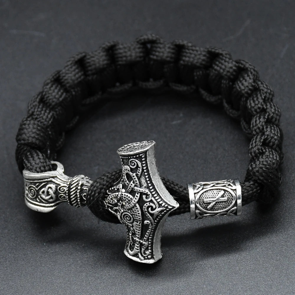 Norse Viking Men Bracelets Thor Mjolnir Hammer Paracord Amulet Valknut Runes Beads Hand Made Rope Wrap Scandinavian Bangles Gift