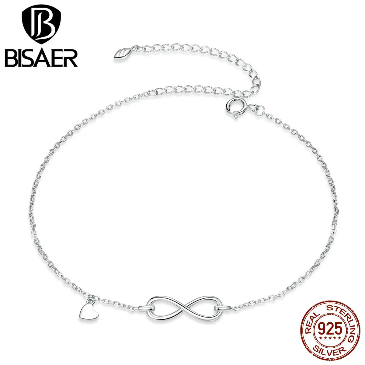 BISAER 100% 925 Sterling Silver Infinity Love Anklets Geometric Heart Chain Anklets For Women Party Fine Jewelry Holiday Gift