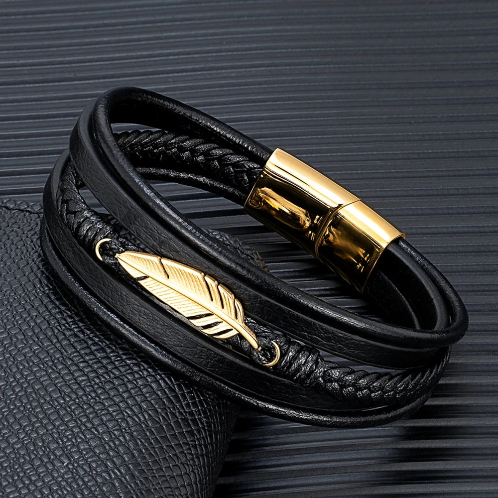 MKENDN Simple Classic Feather Genuine Leather Bracelet Braided Multilayer Stainless Steel Magnetic Clasp Wrap Bangle