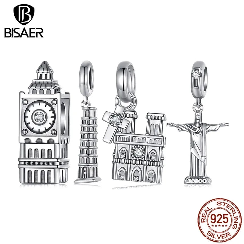 BISAER 100% 925 Sterling Silver Christ Redeemer Charms Beads Big Ben Tower of Pisa Pendant Fit Woman DIY Bracelet Fine Jewelry