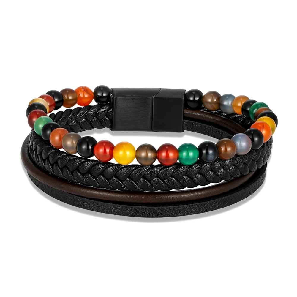 MKENDN Fashion Multilayer Leather Bracelet Men 7 Chakra Colorful Beads Bracelets Stainless Steel Magnetic Clasp Jewelry Gifts