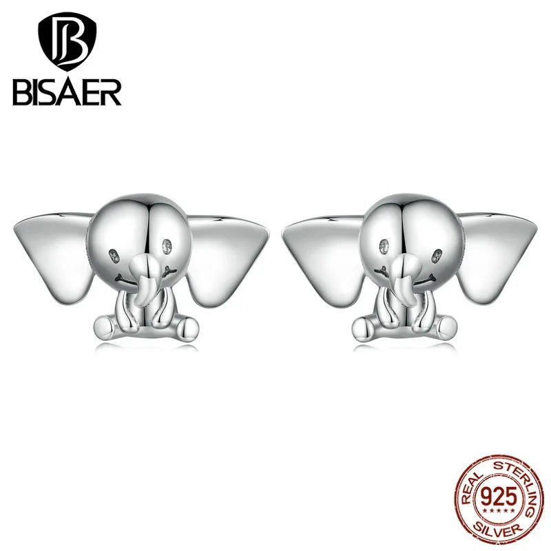 BISAER Real 925 Sterling Silver Cute Elephant Stud Earring Mini Animal Stud Ear For Woman Party Fine Jewelry ECE1537