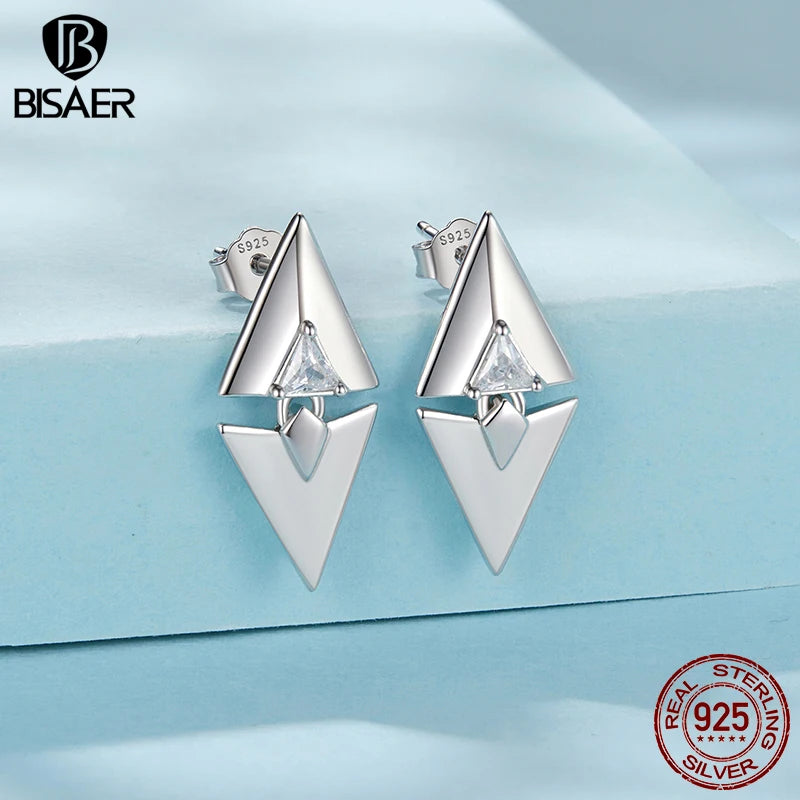 BISAER 925 Sterling Silver Triangle Geometric Stud Earrings Metalness Earrings Plated White Gold For Women Fine Original Jewelry