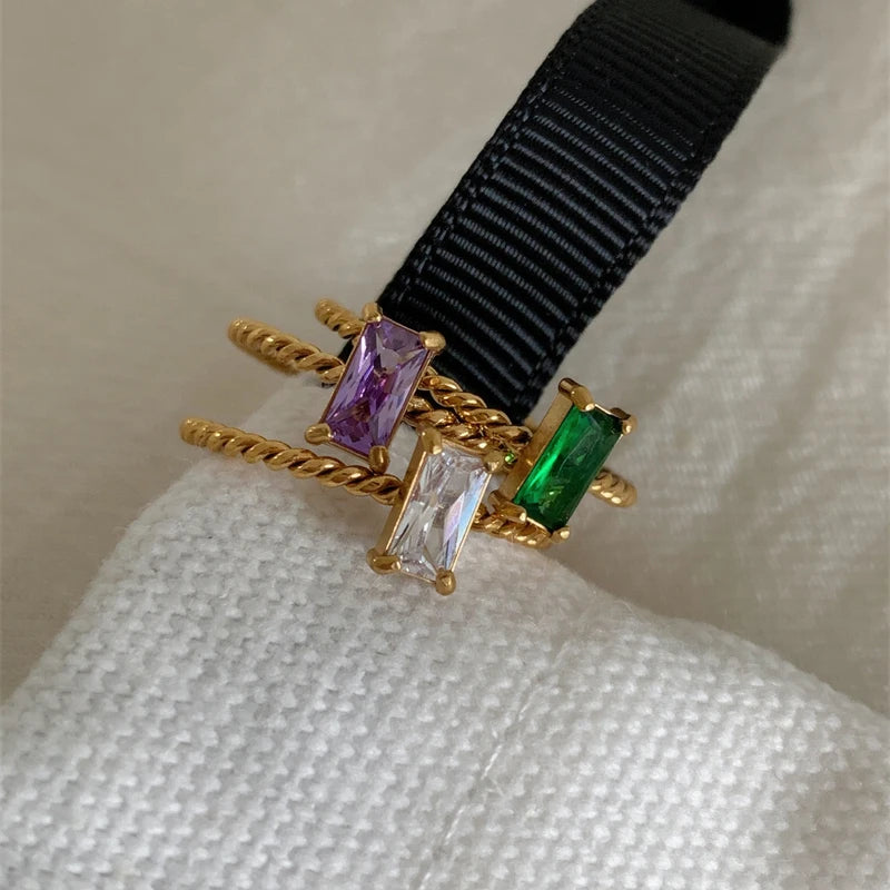 New Ladies Delicate Colorful Purple Green Yellow Cubic Zirconia Square Rings For Women Stainless Steel Braid Ring Jewelry Gift