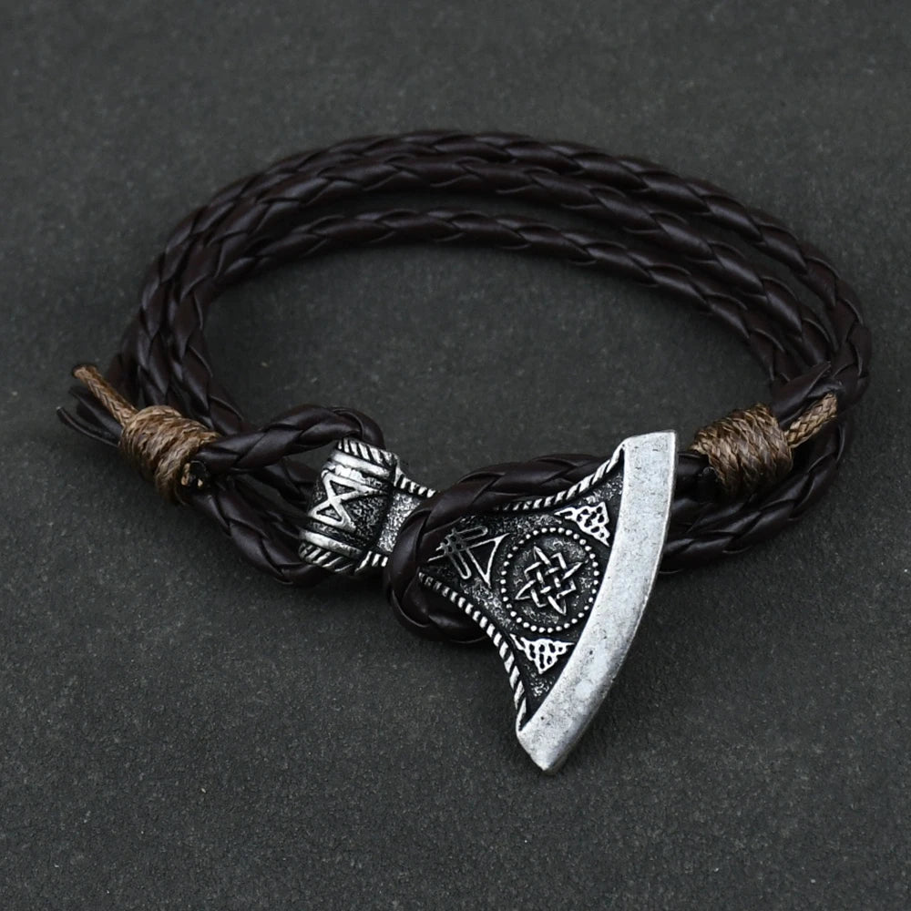 Leather Rope Bracelet Thor Hammer Pendant Axe Bracelet Gothic Men's Viking Bracelet