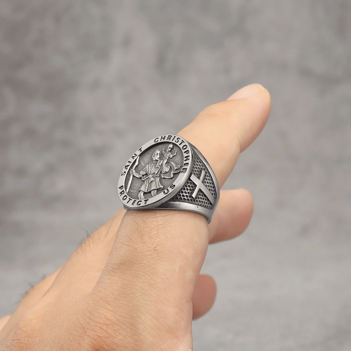 St Christopher Rings 316L Stainless Steel Men Patron Saint Cross Ring Traveler Amulet Punk Rock for Male Rider Jewelry Best Gift