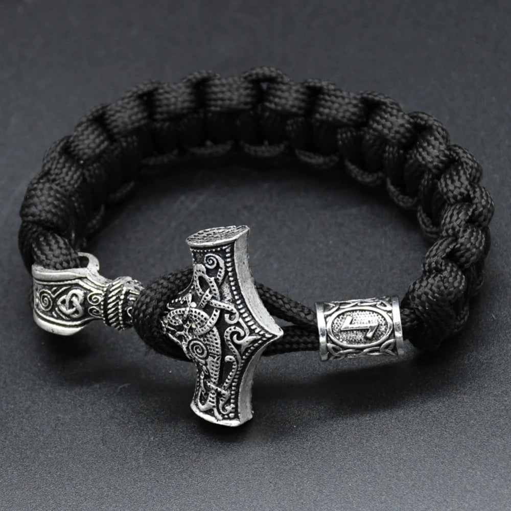 Norse Viking Men Bracelets Thor Mjolnir Hammer Paracord Amulet Valknut Runes Beads Hand Made Rope Wrap Scandinavian Bangles Gift