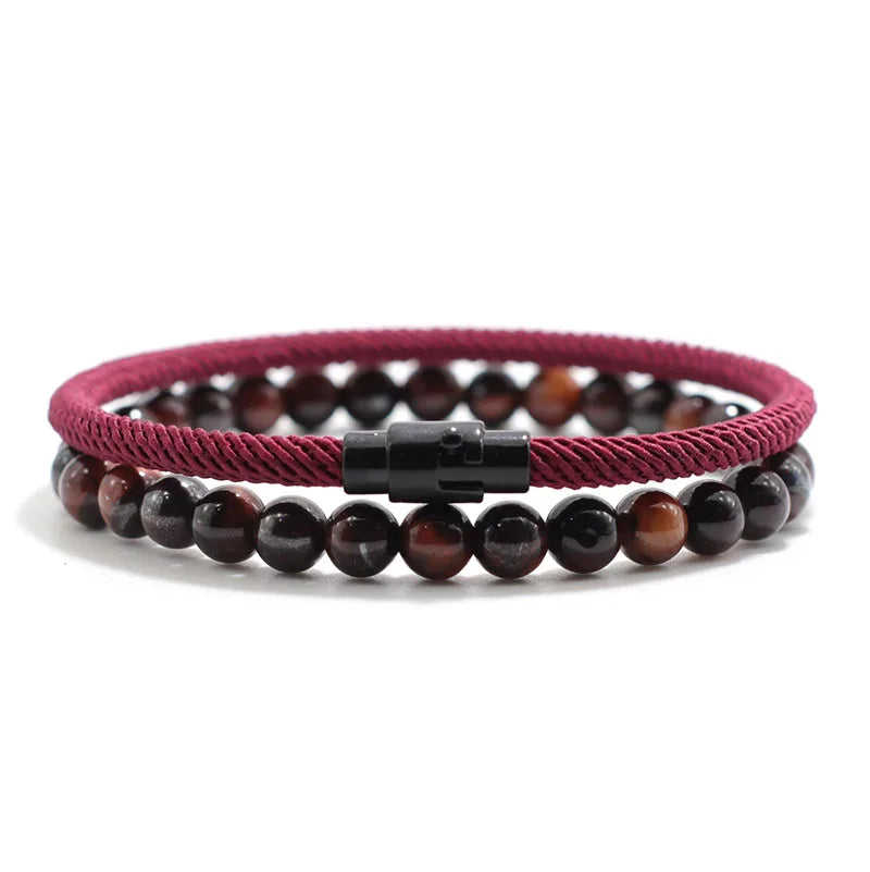 Lot de 2 bracelets assortis pour hommes en pierre naturelle œil de tigre, bracelet porte-bonheur en corde de nylon, cadeau pour petit ami