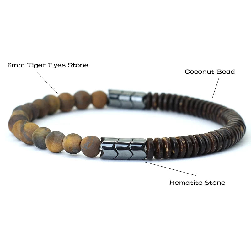 New Coconut Bead Bracelet Men 6mm Natural Blue Sandstone Tiger Eyes Stone Braclet Chakra Energy Braslet Yoga Wood Brazalete