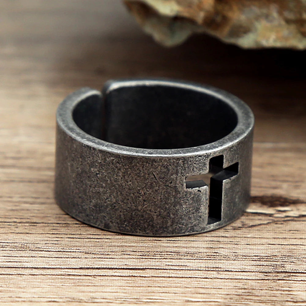 Einfache Vintage Hohlkreuzringe für Männer Punk Christian Ring Edelstahl Open Finger Band Männlichen Modeschmuck Großhandel