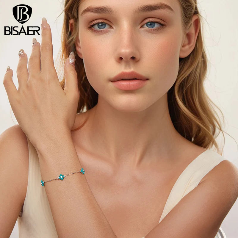 BISAER 925 Sterling Silver Turquoise Clover Bracelet Adjustable Charm Chain Plated White Gold for Women Party Fine Jewelry Gift