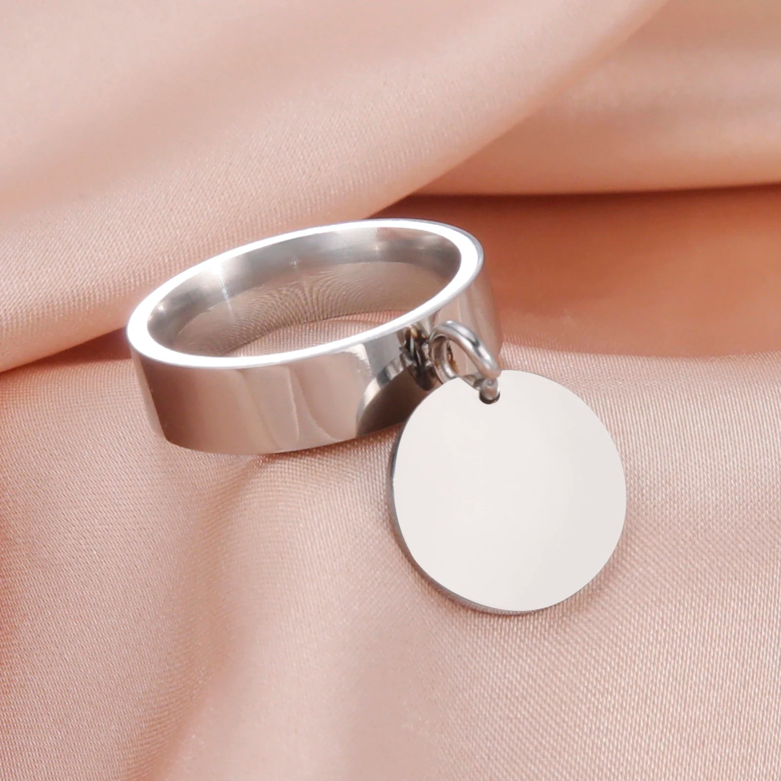 Dreamtimes Fashion Women's Ring Stainless Steel Round Heart Pendant Korean Couple Ring Jewelry Engagement Gift