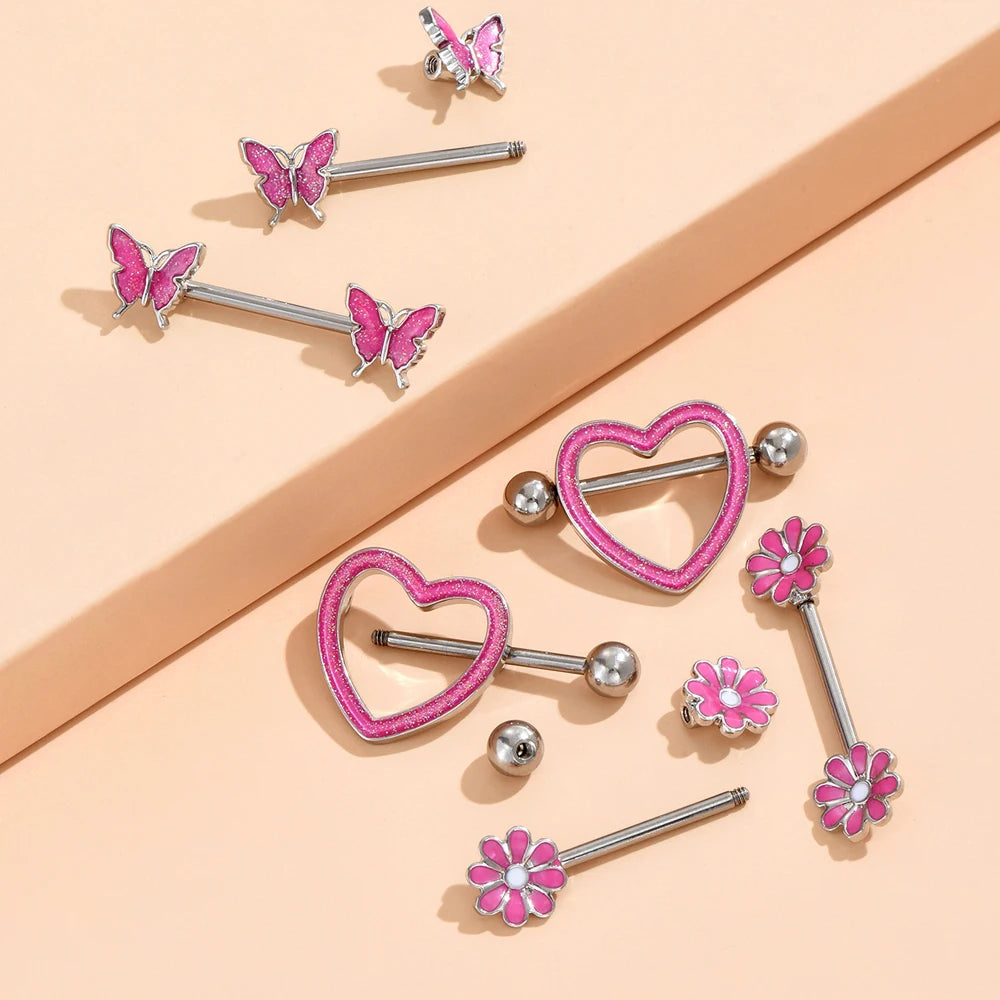 Mixed-style Nipple Ring Sets 3 Pairs Flower Heart Butterfly Nipple Piercing Lot Stainless Steel Cute Cat Bear Shield Bar Jewelry