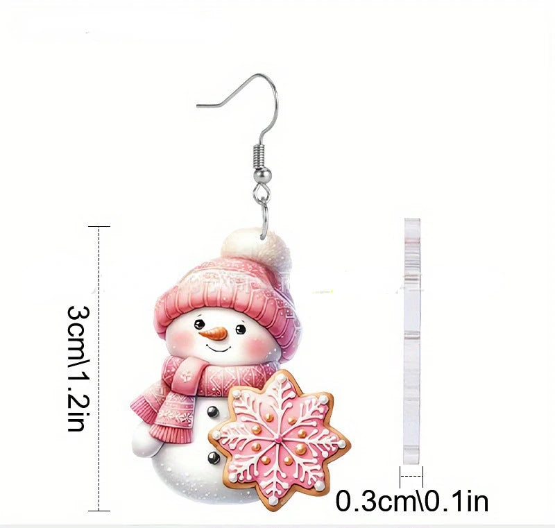 Boucles d'oreilles bonhomme de neige de Noël en acrylique à paillettes roses, cadeau de bijoux pour femme 2024 adapté aux fêtes et célébrations