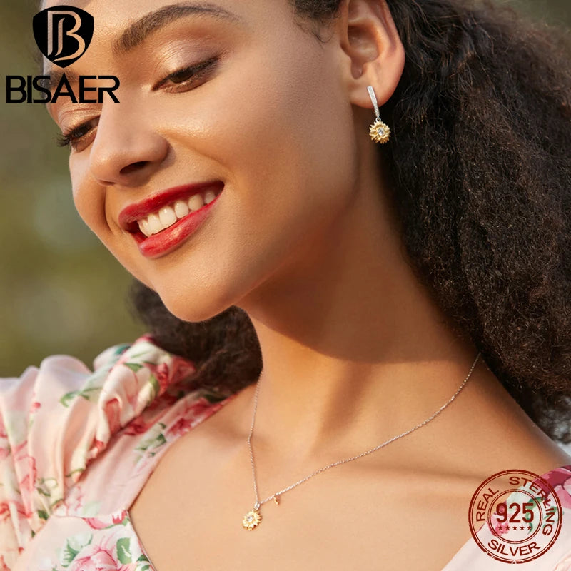 BISAER - Juego de joyas de plata de ley 925 con forma de girasol, chapado en oro de 14 quilates, collar y pendientes de la suerte, regalo para mujer, joyería fina