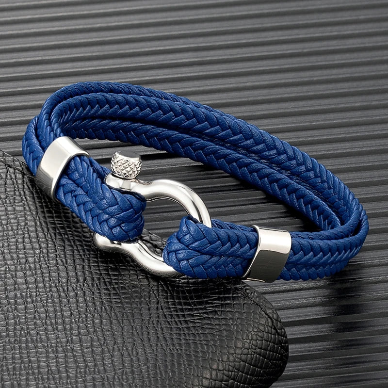 MKENDN Bow Shape Shackle Bracelet Double-layer Woven Leather Bracelet For Men Women Stainless Steel Horseshoe Clasp with Screw