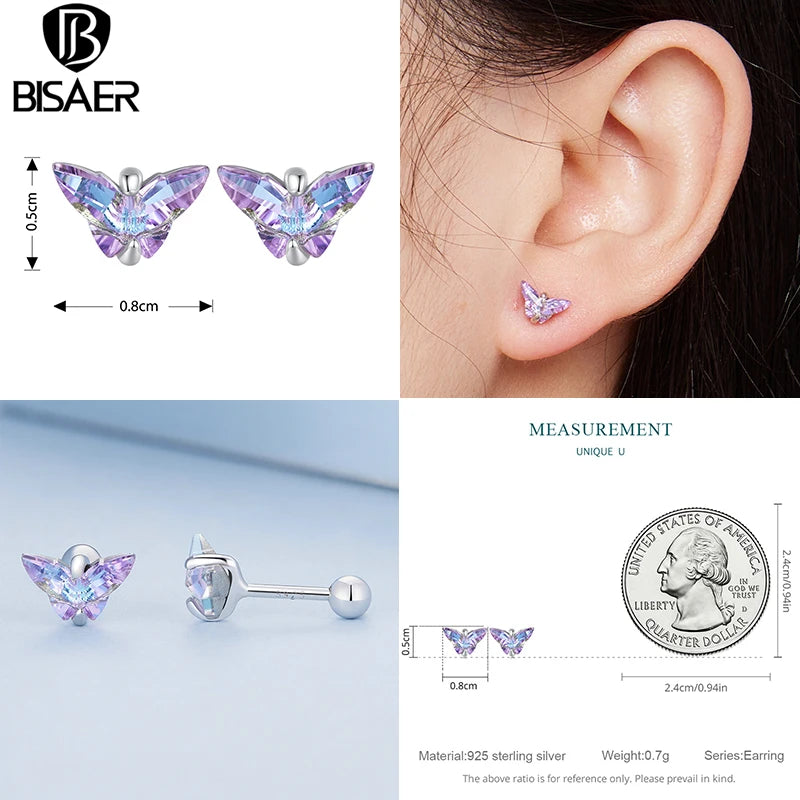 BISAER Real 925 Sterling Silver Butterfly Flower Stud Earrings for Women Exquisite Party Mini Ear Clip for Girl Original Design