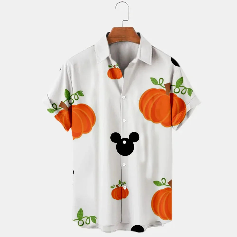 Miniso New Halloween Collection Disney Brand Mickey Anime 3D Printed Men's Lapel Short Sleeve Slim Fit Hawaiian Shirt Y2k