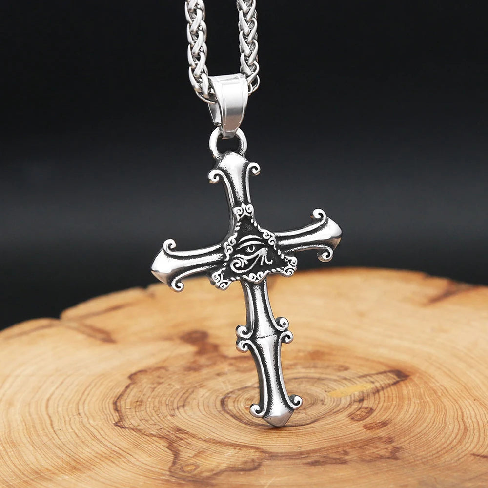 New Vintage Egyptian Eye of Horus Pendant Necklace Stainless Steel Fashion Punk Cross Necklace For Men Women Amulet Jewelry Gift