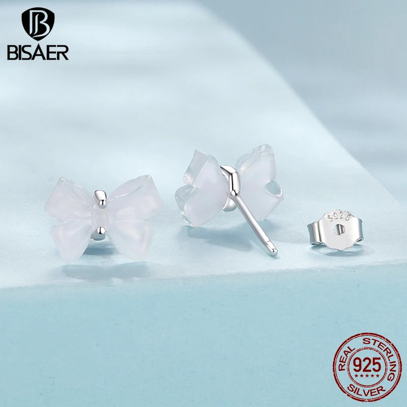 BISAER Real 925 Sterling Silver Bowknot Stud Earrings Minimalist Bow Stud Ear For Women Party Original Fine Jewelry Gift ECE1815