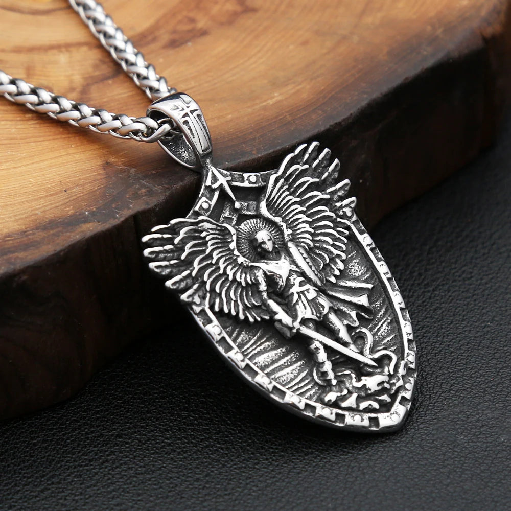 New Vintage Stainless Steel Stain Michael Pandent Necklaces Fashion Punk Angel Wings Necklace For Men Women Amulet Jewelry Gifts