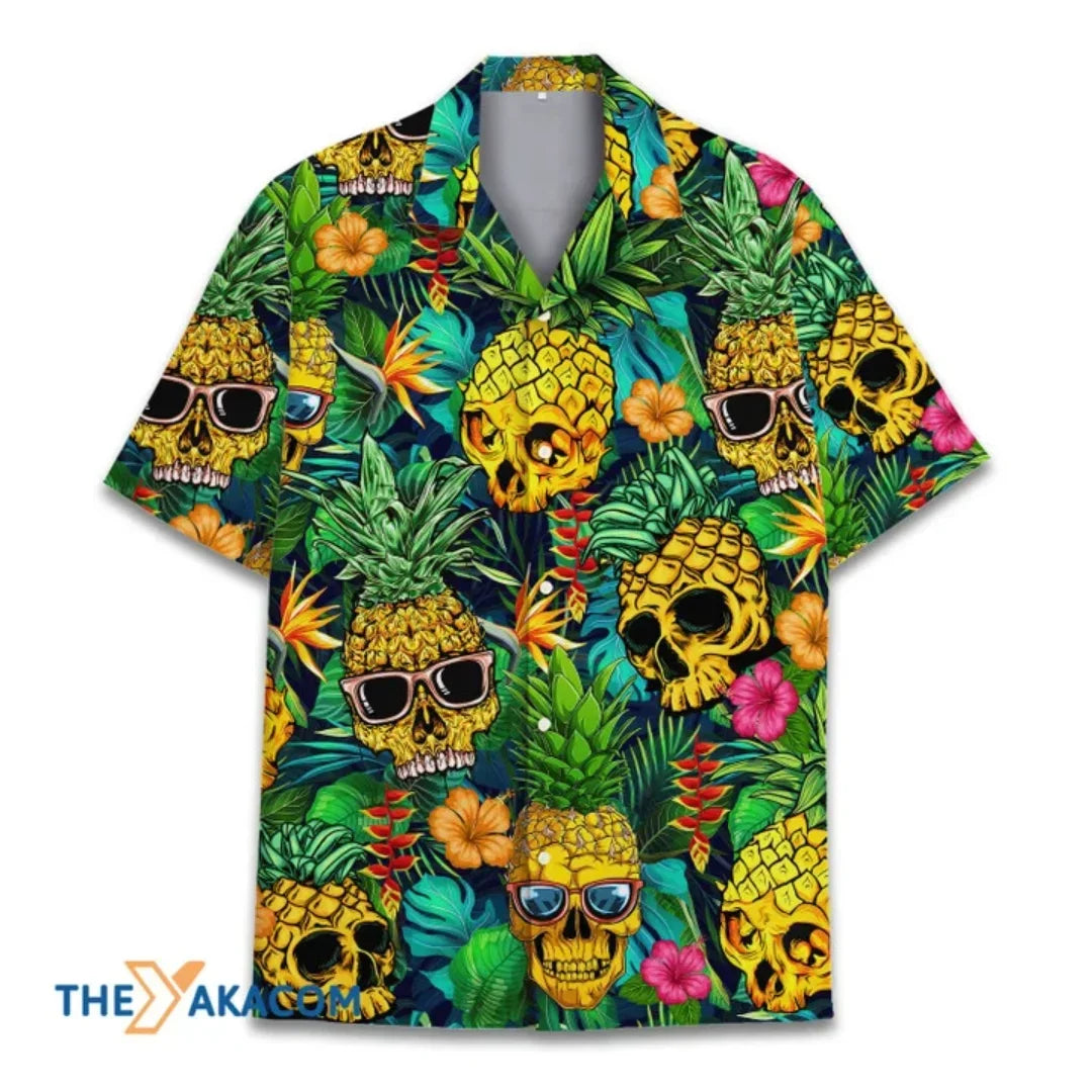 Ananas-Totenkopf Hawaiihemden für Männer, Lustiges Totenkopf Halloween Tropisches Hemd für Männer Button Down, Totenkopfhemd für Frauen, Totenkopf