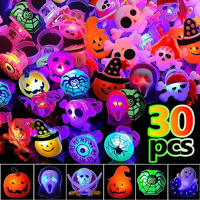 10-30Pcs Jewelry Party Gifts LED Luminous Halloween Rings Creative Pumpkin Ghost Skull Glowing in Dark Finger Rings Toys Lights