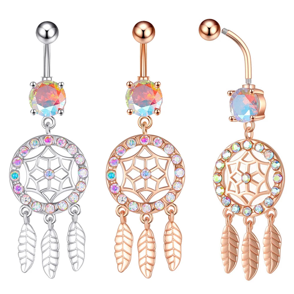 1PCS 316L Steel Dream Catcher Belly Button Rings Three-Leaf Navel Piercing Ring Navel Button Body Belly Piercing Jewelry 2022