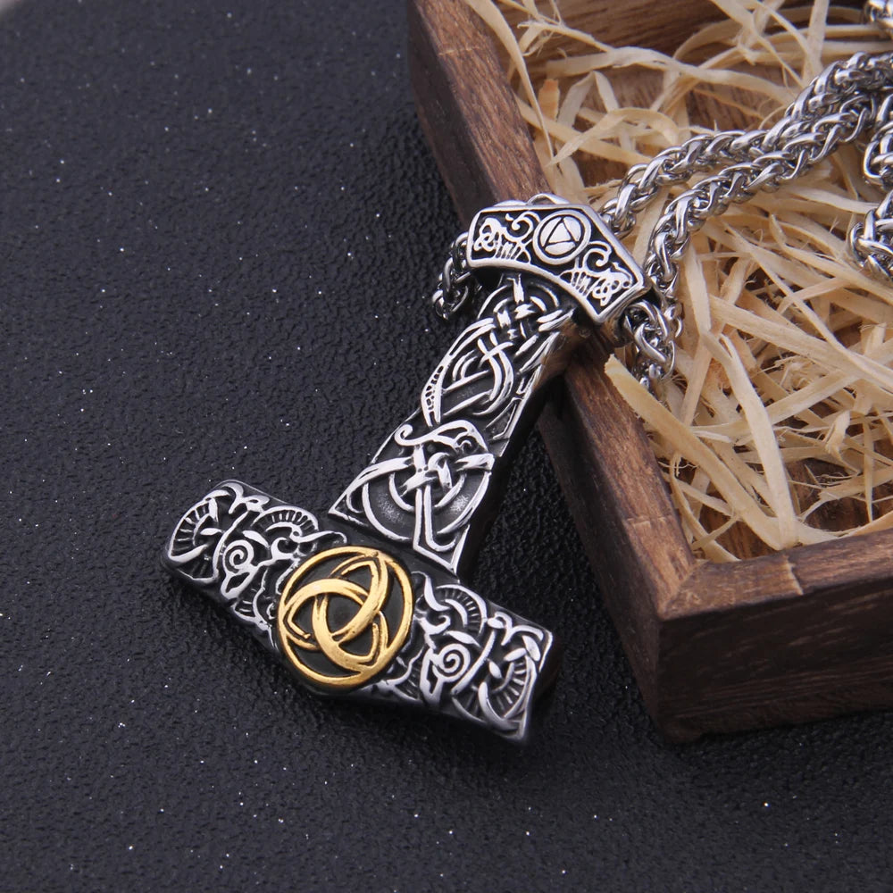 Fashion Valknut Viking Thor's Hammer Pendant Necklace With keel Chain As Men Gift with wooden box