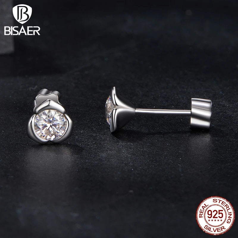 BISAER 925 Sterling Silver Moissanite Rose Stud Earrings Blooming Flowers Stud Ear For Women Engagement Wedding Fine Jewelry