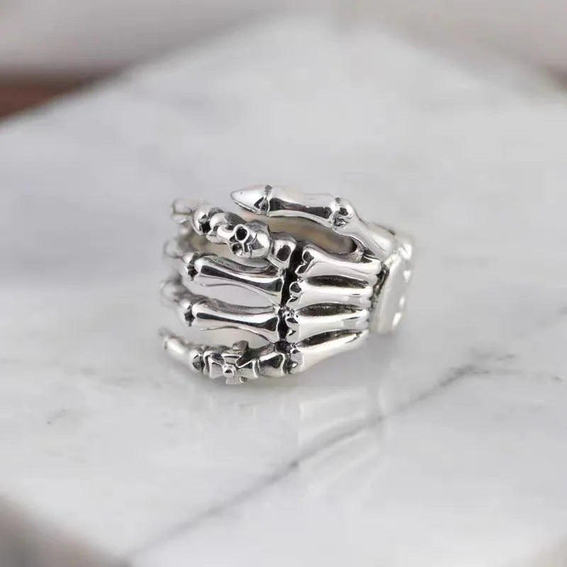 YILUOCD S925 Skeleton Hand Ring Gothic Open Skull Rings for Women Men Halloween Punk Jewelry Gift