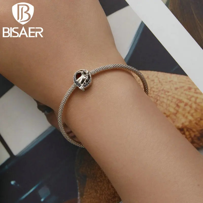 BISAER 925 Sterling Silver Vintage Witch Charm Black Zircon Moon Bead Fit Women Halloween Party DIY Bracelet Jewelry ECC2405