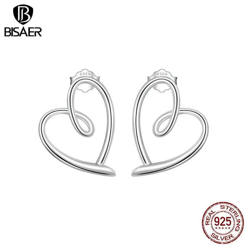 BISAER 100% 925 Sterling Silver Simple Heart Stud Earrings Plated Platinum Ear Clip For OL Woman Wedding Fine Jewelry EFE871