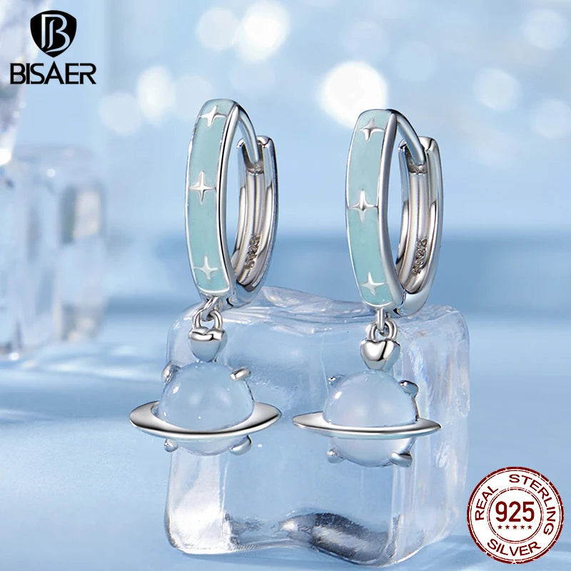 BISAER 925 Sterling Silver Blue Planet Hoop Earrings For Elegant Woman Zircon Buckles Earrings Plated White Gold Fine Jewelry