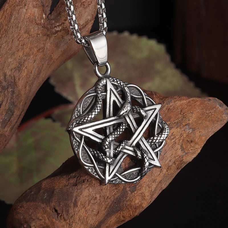 Halskette mit Pentagramm-Anhänger im Retro-Stil mit Schlangenmotiv für Herren, Fahrradschmuck, Punkrock, Exorzismus-Amulett