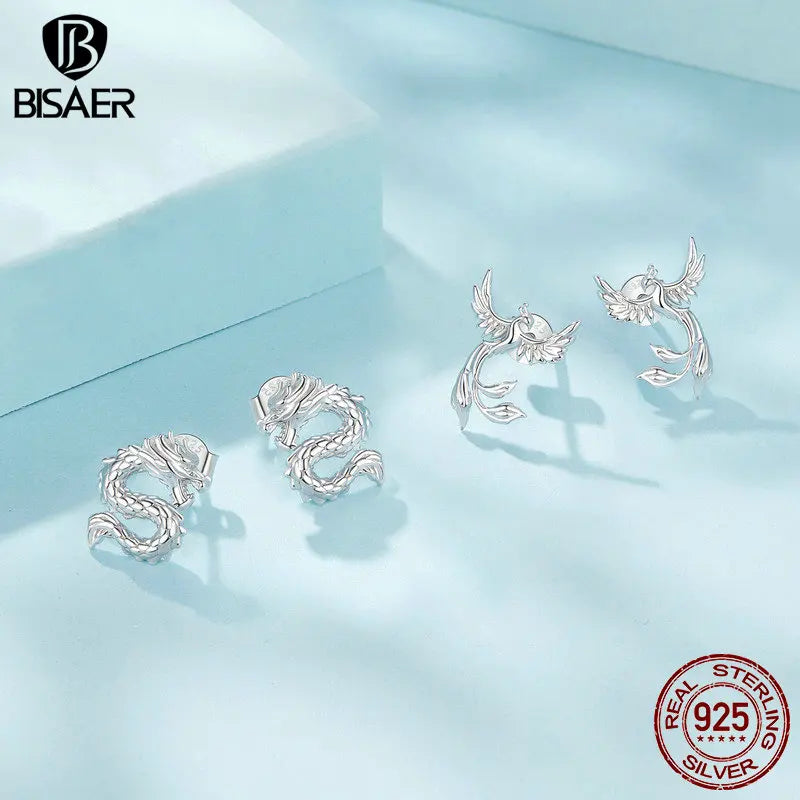 BISAER 925 Sterling Silver Phoenix Stud Flying Dragon Hypoallergenic Earrings Plated White Gold for Women Party Fine Jewelry