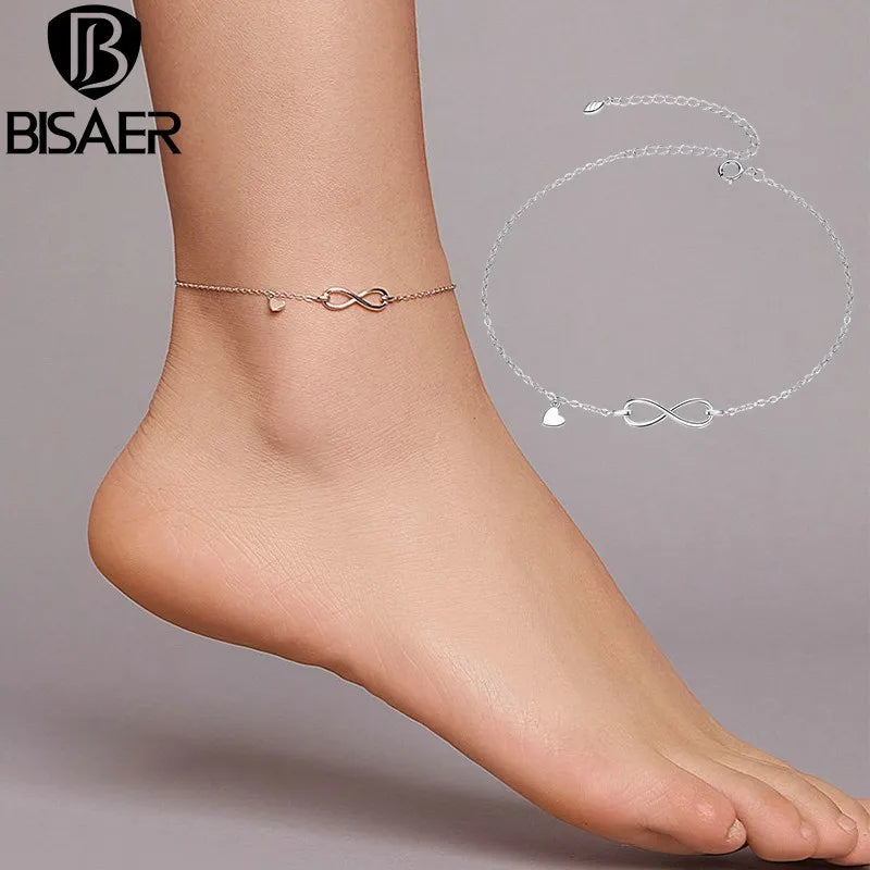 BISAER 100% 925 Sterling Silver Infinity Love Anklets Geometric Heart Chain Anklets For Women Party Fine Jewelry Holiday Gift