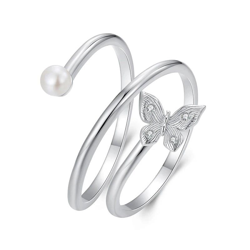 BISAER 925 Sterling Silver Butterfly Three-layer Open Ring Pearl Band Adjustable Plated White Gold for Women Party Fine Jewelry