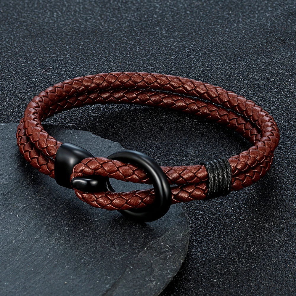 MKENDN New Braided Leather Men Bracelet Classic Hand-woven Hook Buckle Double-layer Leather Bracelet For Men Jewelry Gift